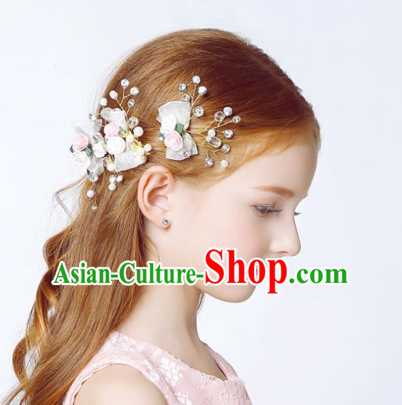 Handmade Children Hair Accessories White Flowers Bowknot Hair Clasp, Princess Halloween Model Show Headwear for Kids