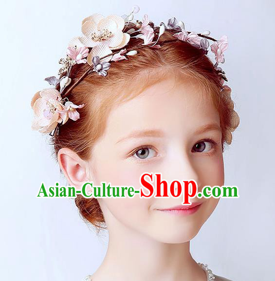 Handmade Children Hair Accessories Pink Flowers Garland, Princess Halloween Model Show Hair Clasp Headwear for Kids