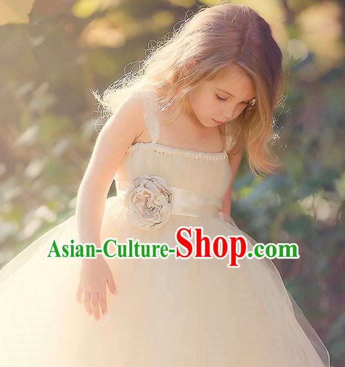 Children Model Show Dance Costume Champagne Veil Full Dress, Ceremonial Occasions Catwalks Princess Dress for Girls