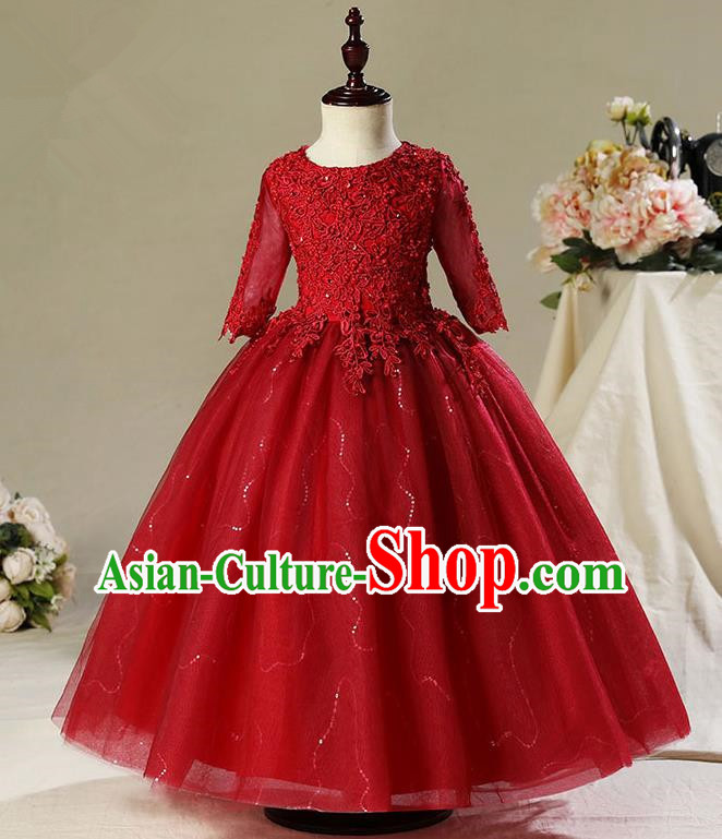 Children Modern Dance Costume Compere Wine Red Veil Embroidery Evening Dress Princess Long Dress for Girls