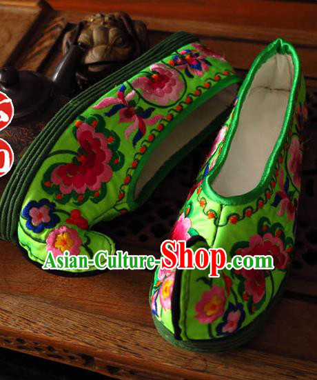 Asian Chinese Shoes Wedding Shoes Handmade Green Embroidered Shoes, Traditional China Princess Shoes Hanfu Become Warped Head Shoe for Women
