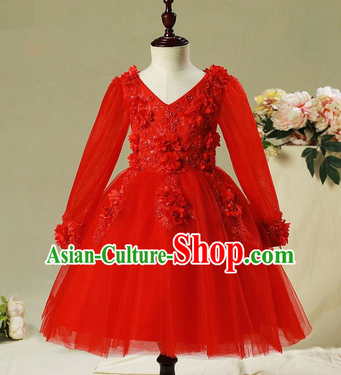Children Modern Dance Costume Compere Red Veil Embroidery Evening Dress Princess Bubble Dress for Girls