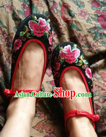 Asian Chinese National Embroidered Shoes, Traditional China Handmade Shoes Hanfu Embroidery Peony Black Shoes for Women