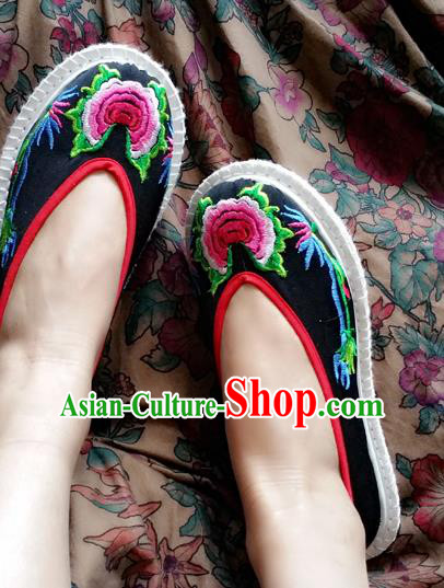 Traditional Chinese National Black Melaleuca Shoes Embroidered Shoes, China Handmade Shoes Hanfu Embroidery Shoes for Women