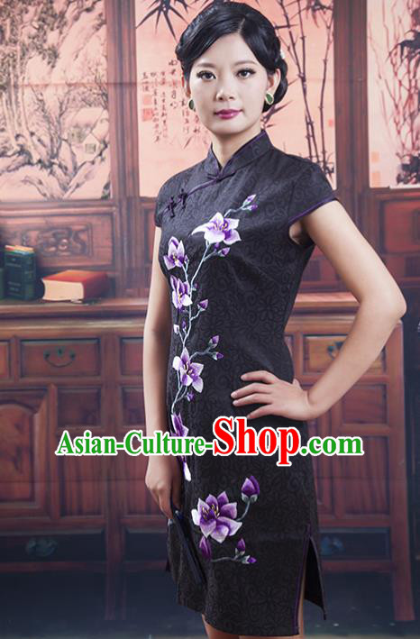 Traditional Ancient Chinese Republic of China Cheongsam, Asian Chinese Chirpaur Short Black Qipao Dress Clothing for Women