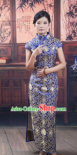 Traditional Ancient Chinese Republic of China Cheongsam, Asian Chinese Chirpaur Long Blue Silk Qipao Dress Clothing for Women
