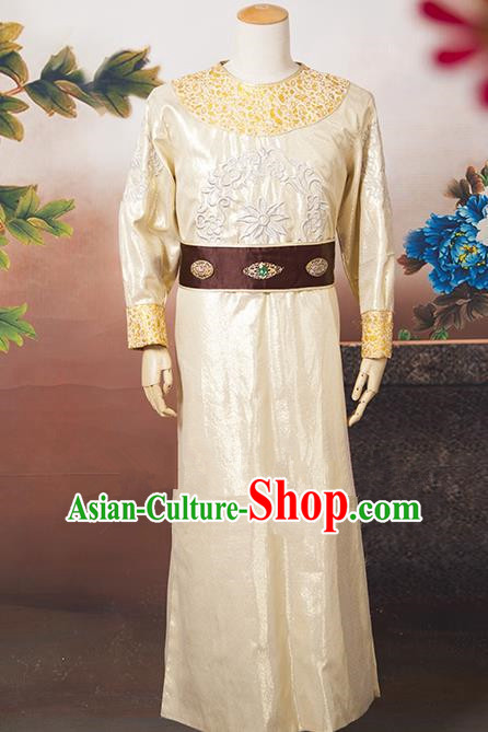 Asian China Ancient Tang Dynasty Swordsman Costume, Traditional Chinese Minister Hanfu Embroidered Golden Clothing for Men