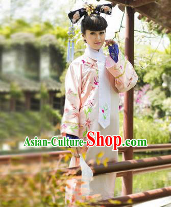 Traditional Ancient Chinese Imperial Consort Costume, Chinese Qing Dynasty Manchu Princess Embroidered Pink Dress Clothing for Women