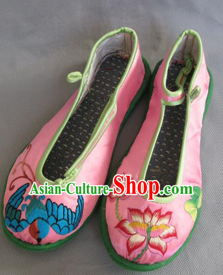 Traditional Chinese National Pink Satin Shoes Embroidered Shoes, China Handmade Shoes Hanfu Embroidery Shoes for Women