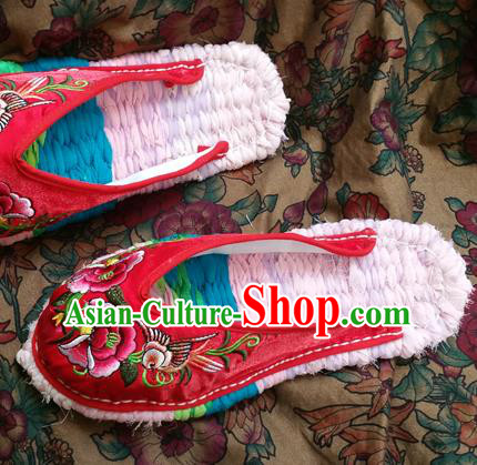 Traditional Chinese National Embroidered Shoes Handmade Red Satin Slippers, China Hanfu Embroidery Flowers Shoes for Women