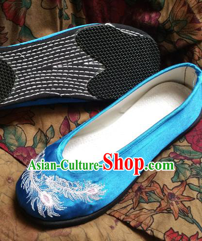 Traditional Chinese National Embroidered Shoes Handmade Blue Satin Shoes, China Hanfu Embroidery Flowers Shoes for Women