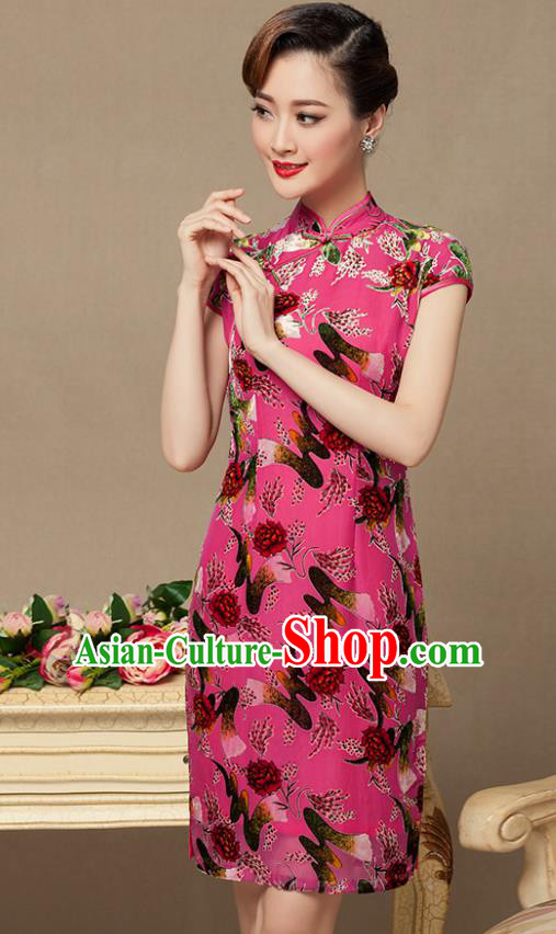 Traditional Chinese National Costume Elegant Hanfu Pink Printing Cheongsam, China Tang Suit Plated Buttons Chirpaur Dress for Women