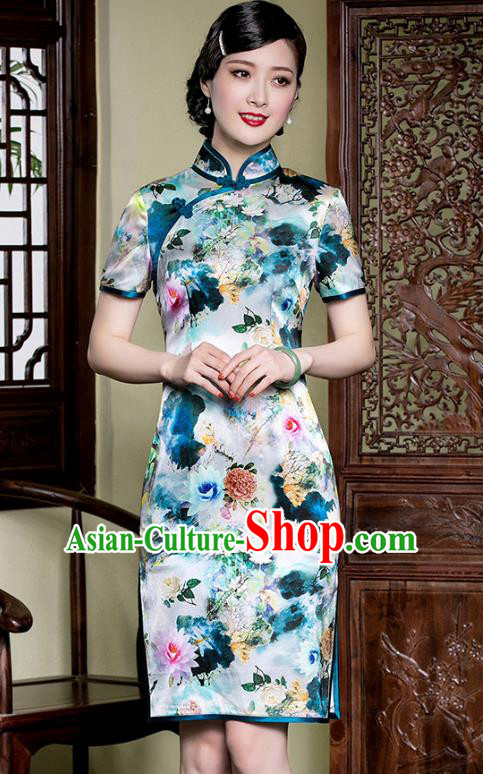 Traditional Chinese National Costume Elegant Hanfu Printing Lotus Silk Cheongsam, China Tang Suit Plated Buttons Qipao Chirpaur Dress for Women