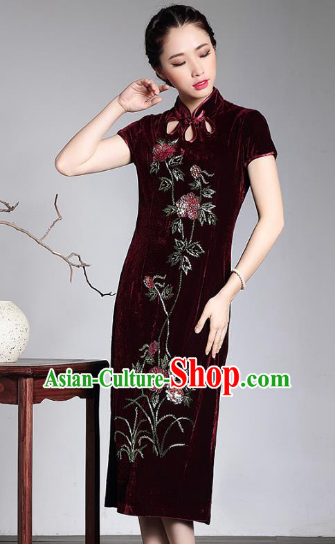 Traditional Chinese National Costume Hanfu Mandarin Qipao Dress, China Tang Suit Red Velvet Cheongsam for Women