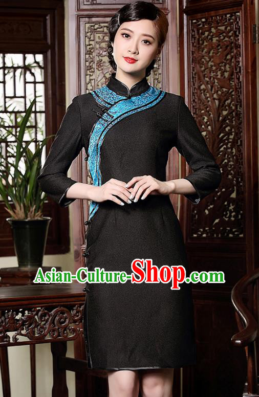 Traditional Chinese National Costume Hanfu Mandarin Qipao Dress, China Tang Suit Black Cheongsam for Women