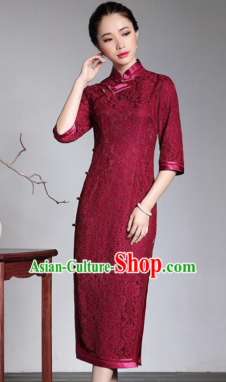 Traditional Chinese National Costume Red Lace Qipao Dress, China Tang Suit Chirpaur Cheongsam for Women
