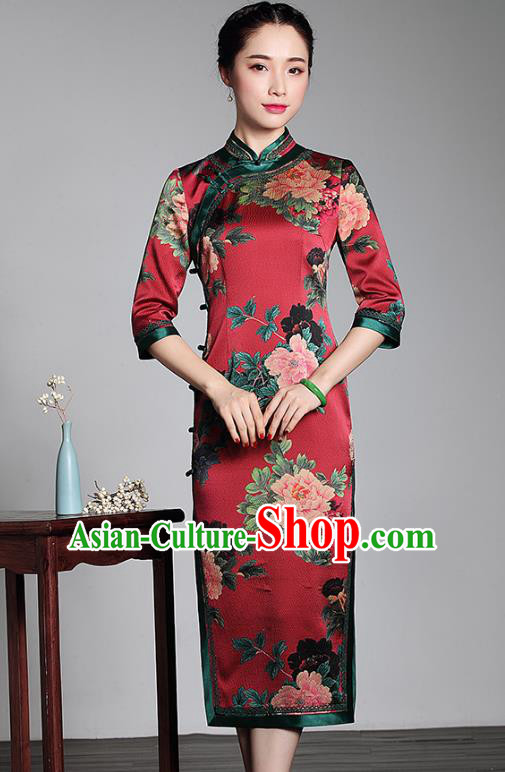 Traditional Chinese National Costume Plated Buttons Red Silk Qipao Dress, Top Grade Tang Suit Stand Collar Cheongsam for Women