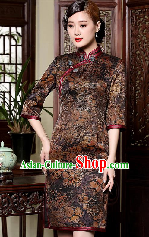Traditional Chinese National Costume Plated Buttons Brown Silk Qipao Dress, Top Grade Tang Suit Stand Collar Watered Gauze Cheongsam for Women