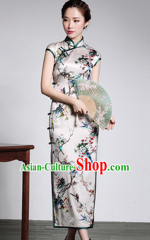 Traditional Chinese National Costume Plated Buttons White Silk Long Qipao Dress, Top Grade Tang Suit Stand Collar Printing Cheongsam for Women