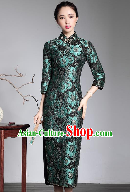 Traditional Chinese National Costume Plated Buttons Green Lace Long Qipao Dress, Top Grade Tang Suit Stand Collar Cheongsam for Women