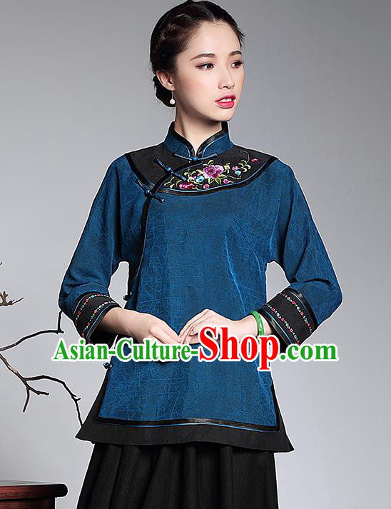 Traditional Chinese National Costume Plated Buttons Qipao Upper Outer Garment Blue Shirts, Top Grade Tang Suit Stand Collar Cheongsam Blouse for Women