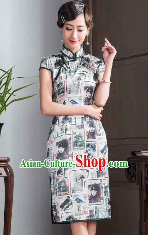 Traditional Ancient Chinese Young Lady Printing Silk Cheongsam, Republic of China Stand Collar Qipao Dress Tang Suit Clothing for Women