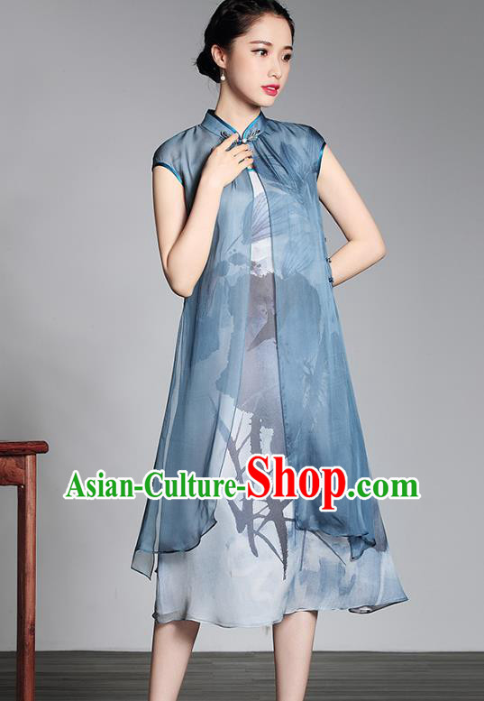 Traditional Ancient Chinese Young Lady Plated Buttons Printing Cheongsam, Asian Republic of China Blue Silk Qipao Tang Suit Dress for Women