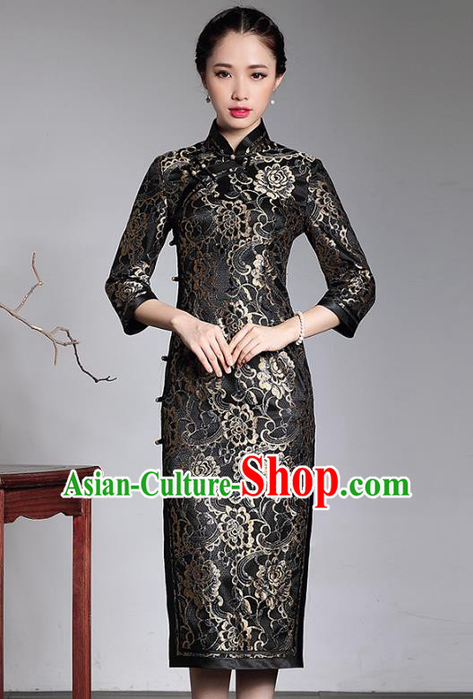 Traditional Ancient Chinese Young Lady Retro Printing Black Lace Cheongsam, Asian Republic of China Qipao Tang Suit  Dress for Women