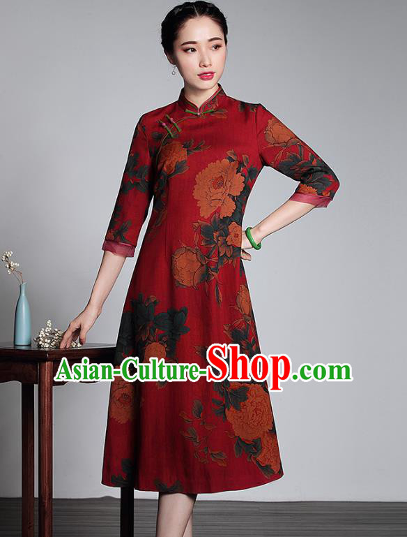 Asian Republic of China Top Grade Plated Buttons Printing Red Watered Gauze Long Cheongsam, Traditional Chinese Tang Suit Qipao Dress for Women