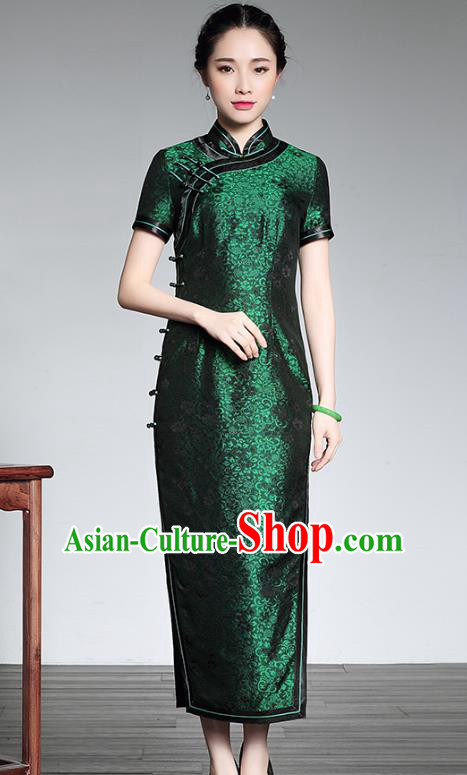 Top Grade Asian Republic of China Plated Buttons Green Silk Cheongsam, Traditional Chinese Tang Suit Qipao Dress for Women
