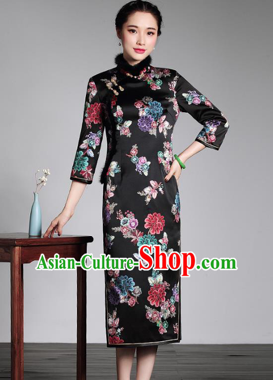 Top Grade Asian Republic of China Plated Buttons Black Silk Printing Cheongsam, Traditional Chinese Tang Suit Qipao Dress for Women
