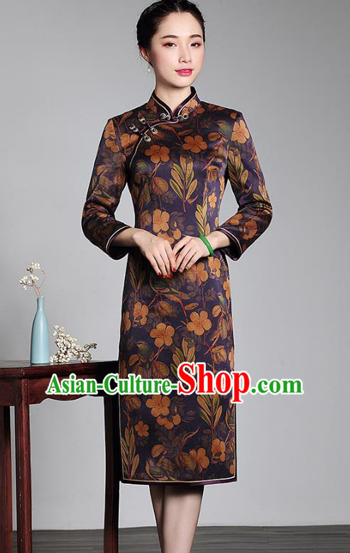 Top Grade Asian Republic of China Plated Buttons Silk Cheongsam Robe, Traditional Chinese Tang Suit Printing Qipao Dress for Women