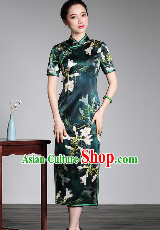 Top Grade Asian Republic of China Plated Buttons Cheongsam, Traditional Chinese Tang Suit Printing Green Silk Long Qipao Dress for Women