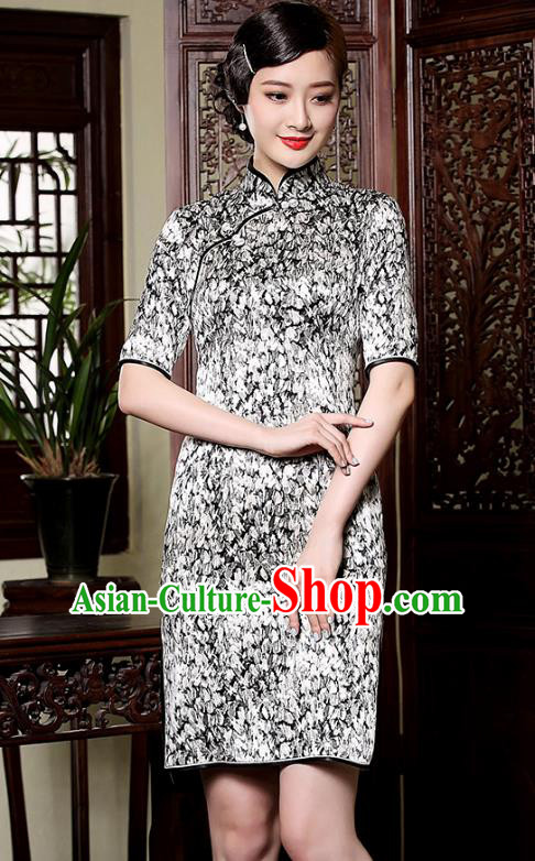 Traditional Ancient Chinese Young Lady Retro Stand Collar Short Cheongsam Printing Silk Dress, Asian Republic of China Qipao Tang Suit Clothing for Women