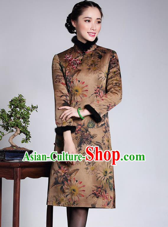 Traditional Ancient Chinese Young Lady Retro Stand Collar Printing Silk Cotton Wadded Cheongsam Dress, Asian Republic of China Qipao Tang Suit Clothing for Women