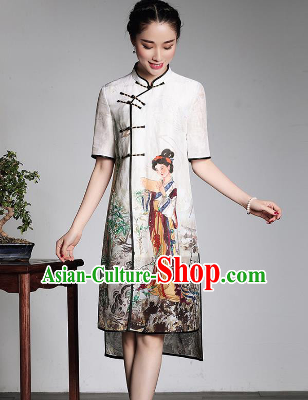 Traditional Ancient Chinese Young Lady Retro Stand Collar Printing Cheongsam Dress, Asian Republic of China Qipao Tang Suit for Women