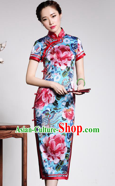 Asian Republic of China Young Lady Retro Stand Collar Blue Silk Cheongsam, Traditional Chinese Printing Peony Qipao Tang Suit Dress for Women