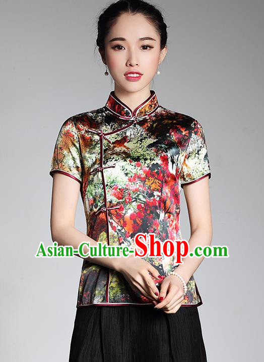 Asian Republic of China Young Lady Retro Stand Collar Printing Silk Cheongsam Blouse, Traditional Chinese Qipao Shirts Tang Suit Upper Outer Garment for Women