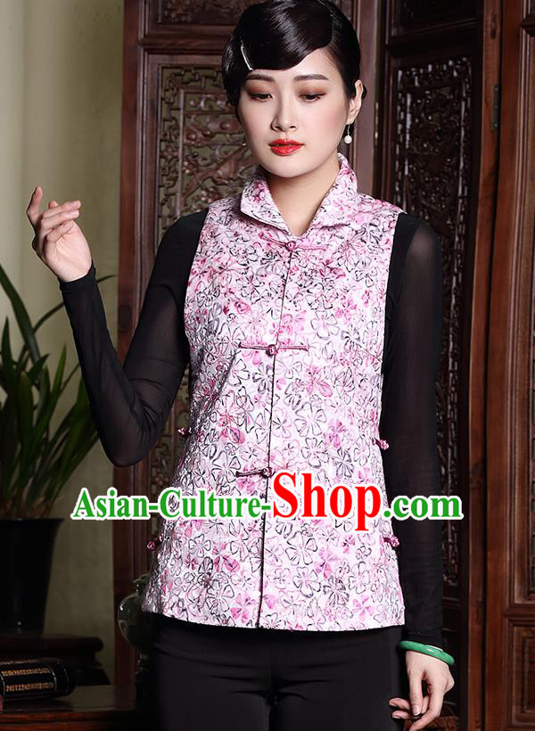 Asian Republic of China Young Lady Retro Plated Buttons Pink Cheongsam Vests, Traditional Chinese Qipao Waistcoat Tang Suit Upper Outer Garment for Women