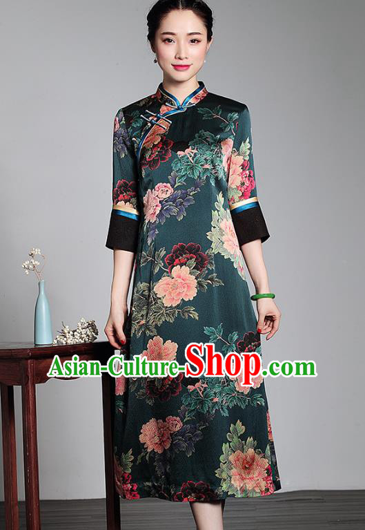 Asian Republic of China Young Lady Retro Plated Buttons Dark Green Silk Cheongsam, Traditional Chinese Printing Qipao Tang Suit Dress for Women