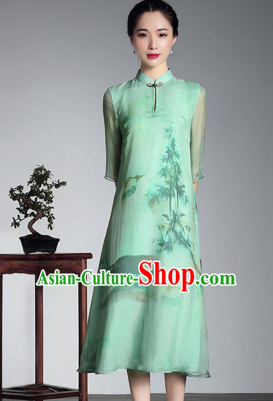 Asian Republic of China Top Grade Plated Buttons Light Green Silk Printing Cheongsam, Traditional Chinese Tang Suit Qipao Dress for Women