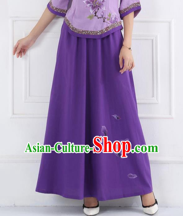Asian China Hand Painting Linen Bust Skirt, Traditional Chinese Tang Suit Purple Skirts for Women