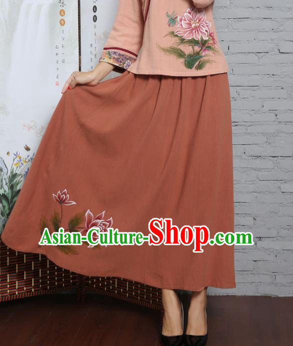 Asian China Hand Painting Orange Linen Bust Skirt, Traditional Chinese Tang Suit Hanfu Skirts for Women