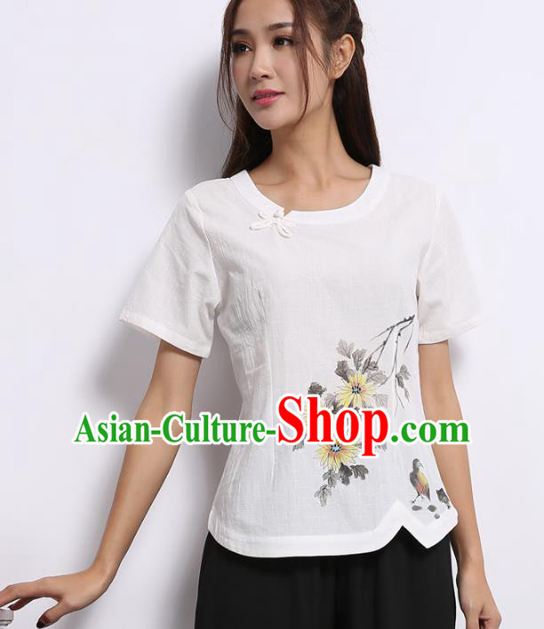 Asian China Top Grade White Linen Printing Cheongsam Blouse, Traditional Chinese Tang Suit Hanfu Plated Button Qipao Shirts for Women
