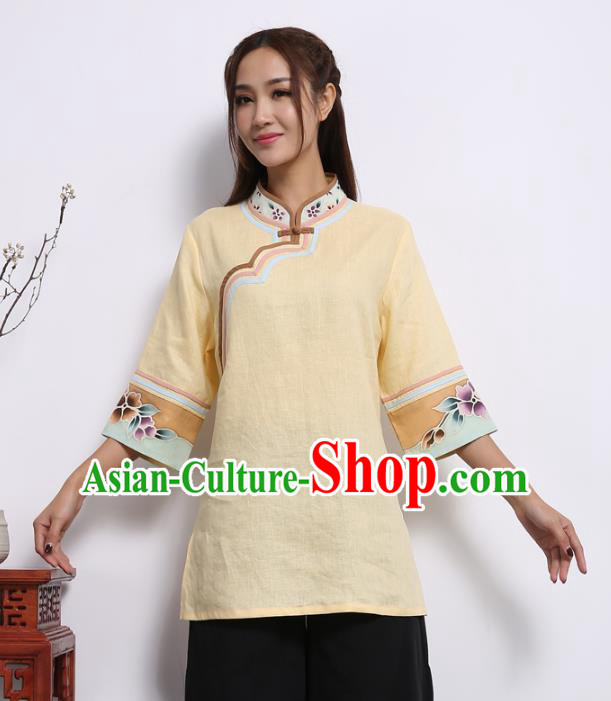 Asian China Top Grade Yellow Linen Cheongsam Blouse, Traditional Chinese Tang Suit Hanfu Plated Button Qipao Shirts for Women