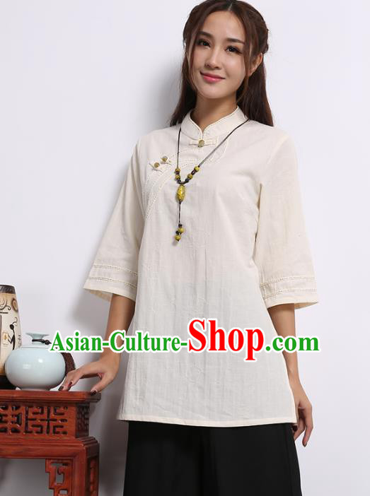 Asian China Top Grade Beige Linen Cheongsam Blouse, Traditional Chinese Tang Suit Hanfu Plated Button Qipao Shirts for Women