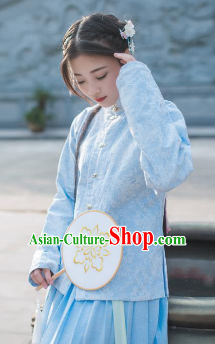 Asian China Ming Dynasty Young Lady Costume Blue Blouse, Traditional Chinese Ancient Princess Embroidered Hanfu Clothing for Women