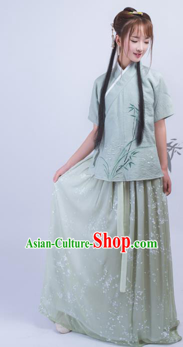 Asian China Ming Dynasty Palace Lady Costume Complete Set, Traditional Chinese Ancient Princess Embroidered Hanfu Blouse and Slip Dress for Women