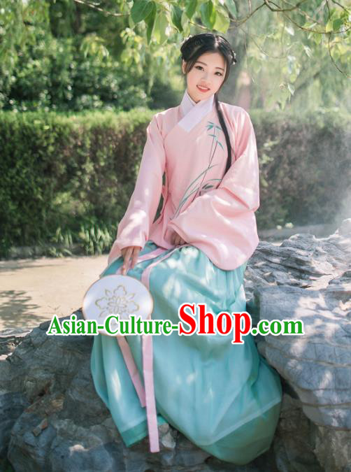 Asian China Ming Dynasty Young Lady Costume Embroidery Pink Blouse and Skirt Complete Set