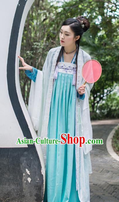 Asian China Tang Dynasty Palace Lady Costume Princess Embroidery Wide Sleeve Blouse and Skirt Complete Set